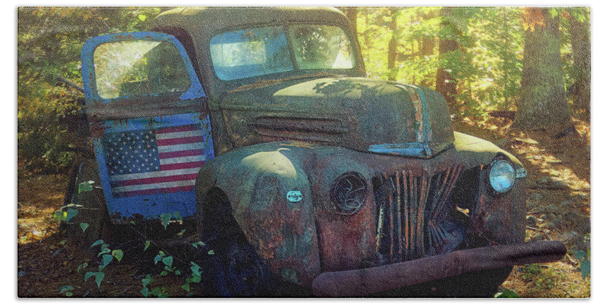 Pickup Truck Hand Towel featuring the photograph Flag Never Sleeps by Jerry LoFaro