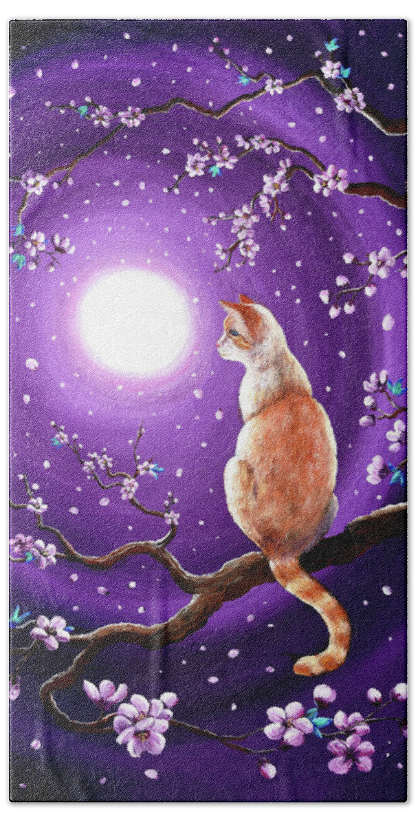 Red Point Hand Towel featuring the painting Flame Point Siamese Cat in Dancing Cherry Blossoms by Laura Iverson