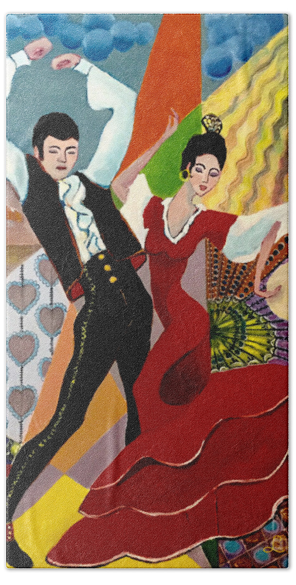 Flamenco Hand Towel featuring the painting Flamenco Dancers by Lana Sylber