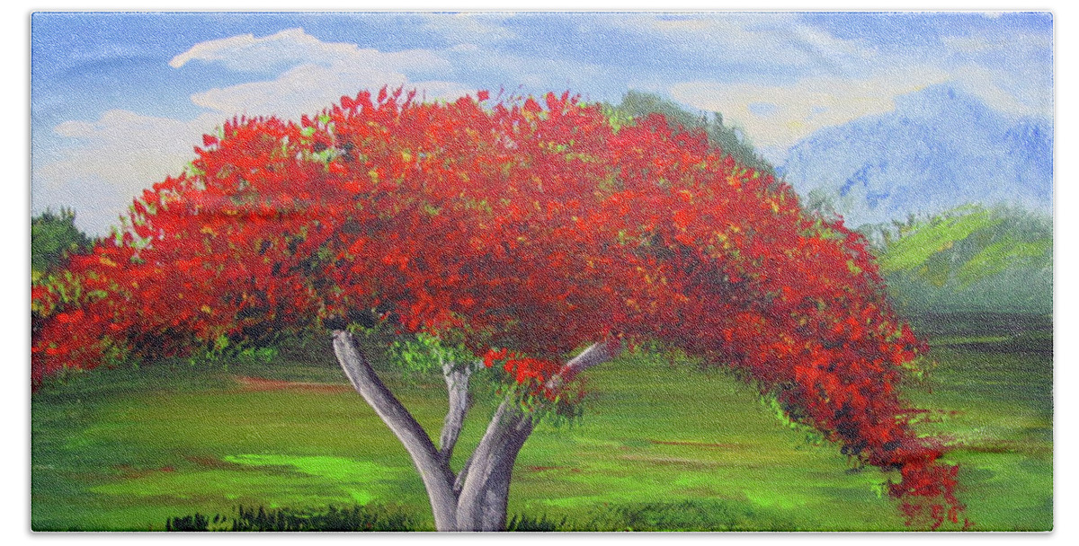 Flamboyan Bath Towel featuring the painting Flaming Tree by Luis F Rodriguez