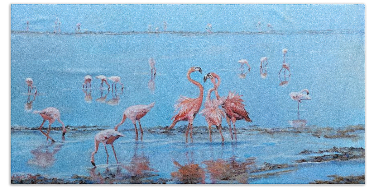 Flamingos Bath Towel featuring the painting Flamingo Sushi Bar by Judy Rixom