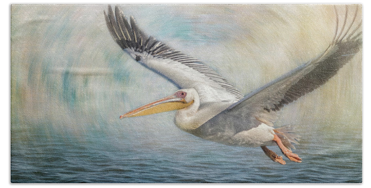 Great White Pelican Bath Towel featuring the photograph Flight of a Great White Pelican by Belinda Greb