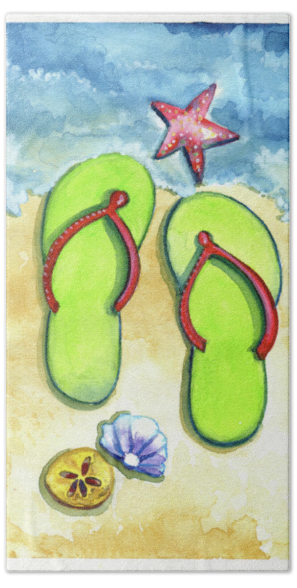 Walking On The Beach Bath Towel featuring the painting Flip Flops on the Beach by Michele Fritz