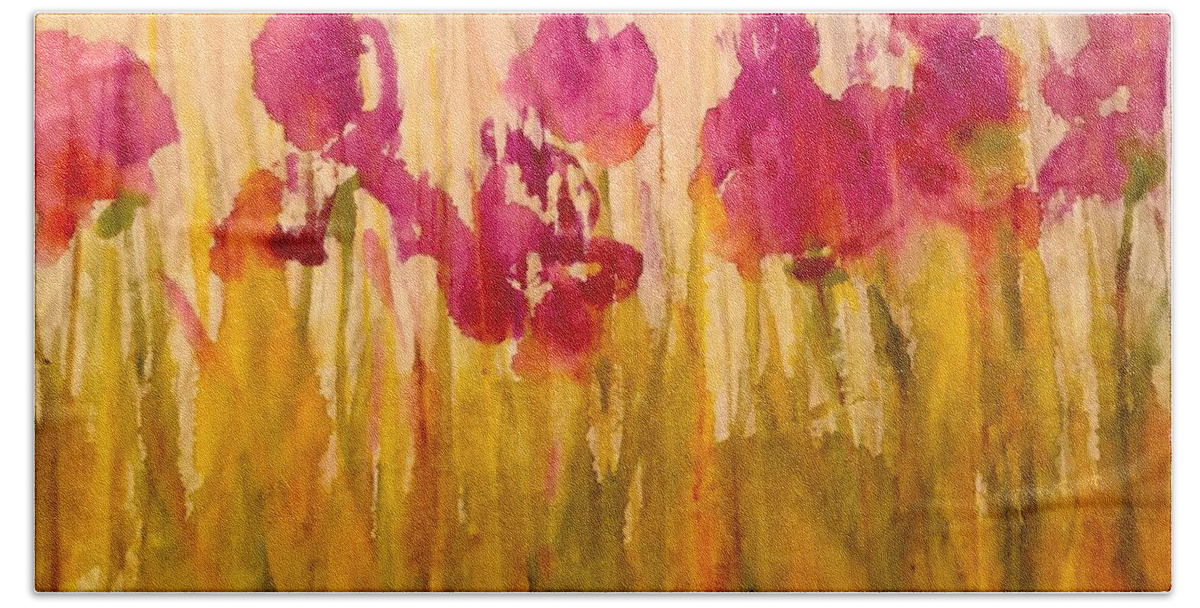 Watercolor On Rice Paper Hand Towel featuring the painting Floating Irises by Caroline Patrick