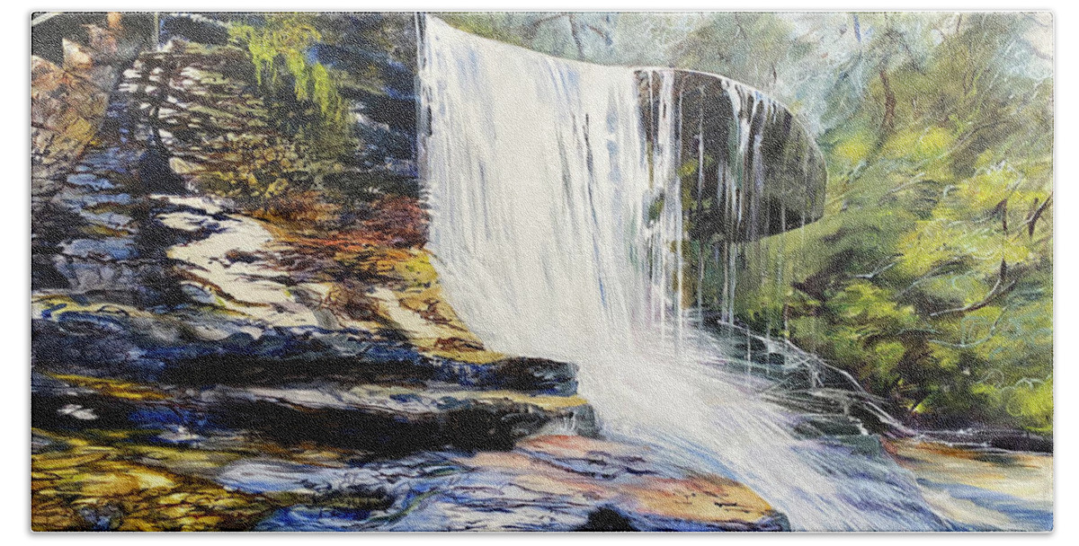 Waterfall Hand Towel featuring the painting Flood Water at Weeping Rock by Shirley Peters