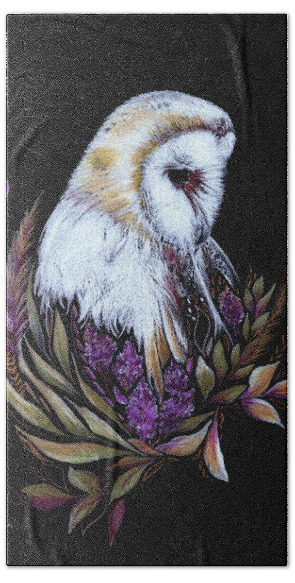Owl Hand Towel featuring the drawing Floral Barn Owl II by Katrina Nixon