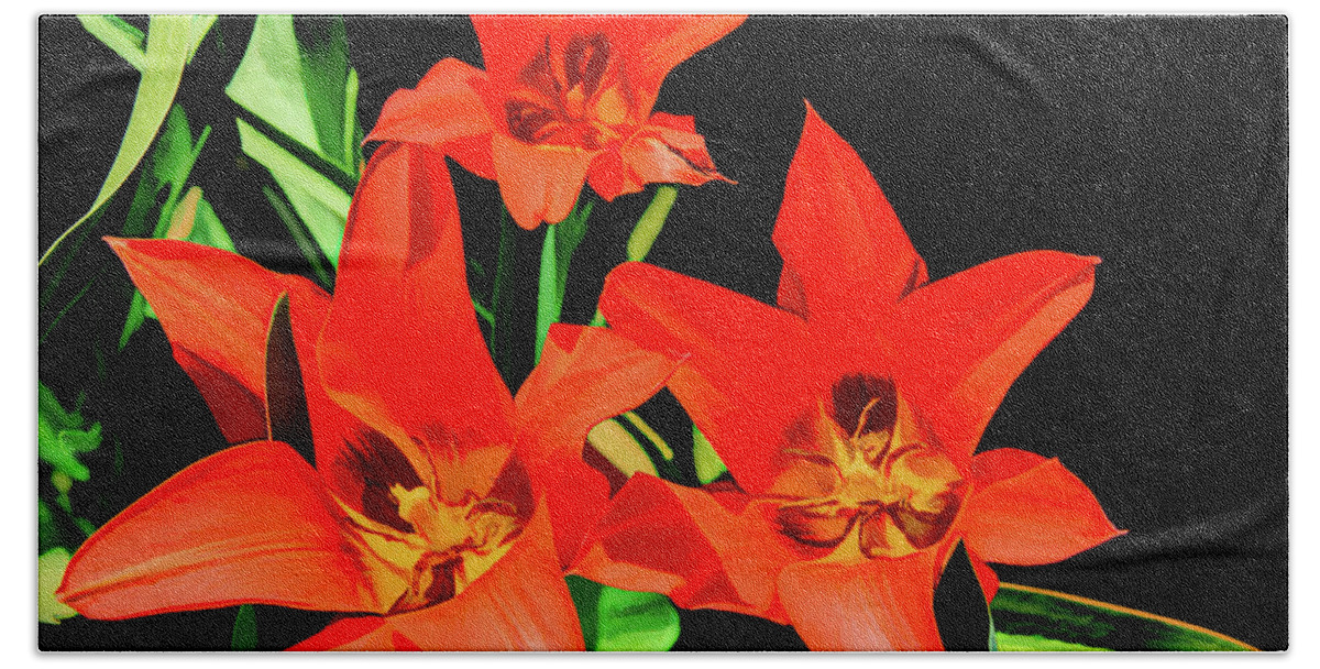 Day Lilies Hand Towel featuring the photograph Floral Fantasy in Red by Marcy Wielfaert