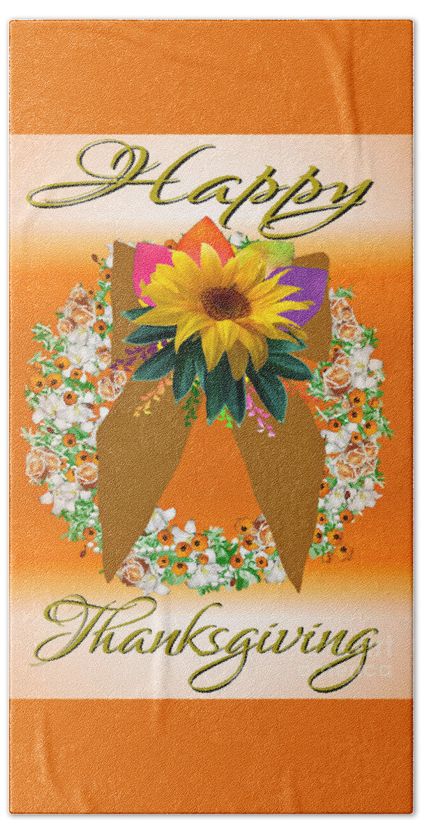 Happy Hand Towel featuring the digital art Floral Wreath Happy Thanksgiving Card by Delynn Addams