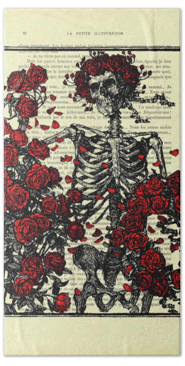 Skeleton Bath Towel featuring the mixed media Floral skeleton by Madame Memento