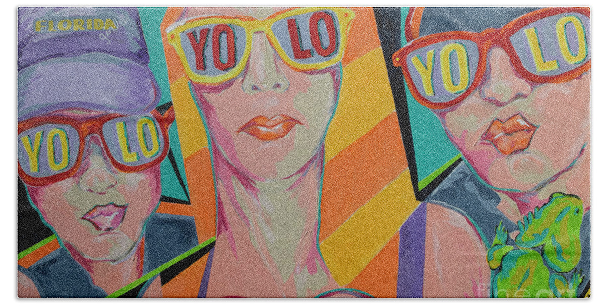 Acrylic Painting On Canvas Hand Towel featuring the painting Florida Girls YOLO by Jane Crabtree