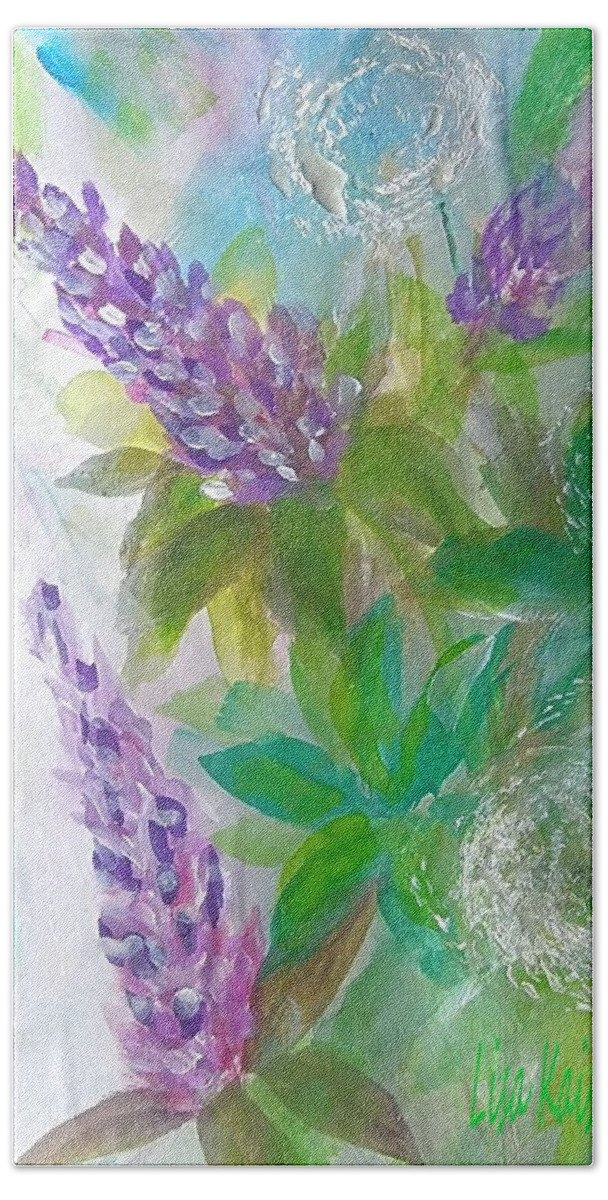 Lupine Bath Towel featuring the painting Flowering Weeds and Lupine Painting by Lisa Kaiser