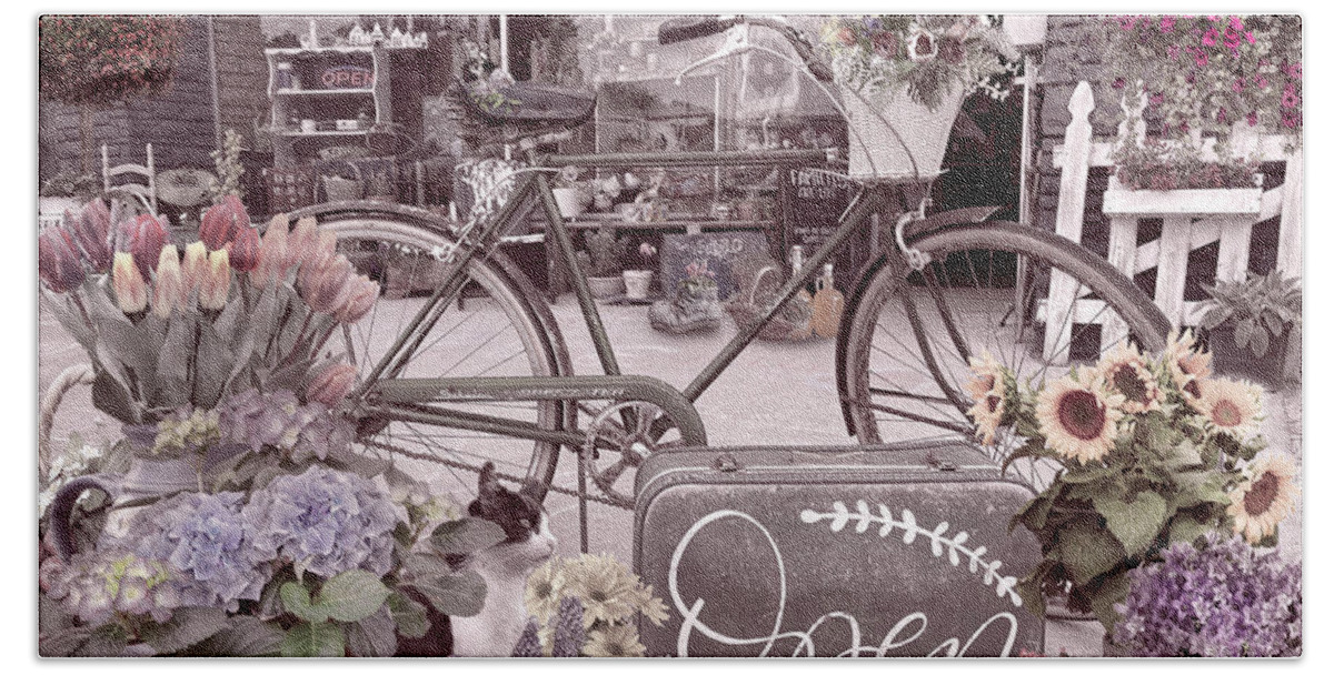 Fence Bath Towel featuring the photograph Flowers and Bike on the Sidewalk Antique Tones by Debra and Dave Vanderlaan
