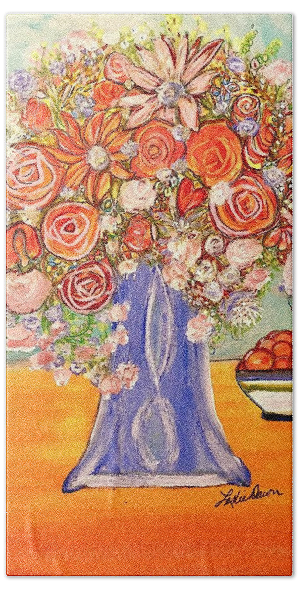 Flowers Bath Towel featuring the painting Flowers in blue and white vase, oranges and a lunar moth by Coco Olson