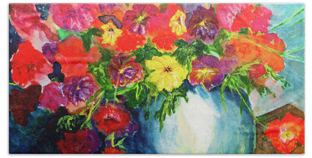 Acrylic Bath Towel featuring the painting Flowers in Blue Bowl by Lee Beuther
