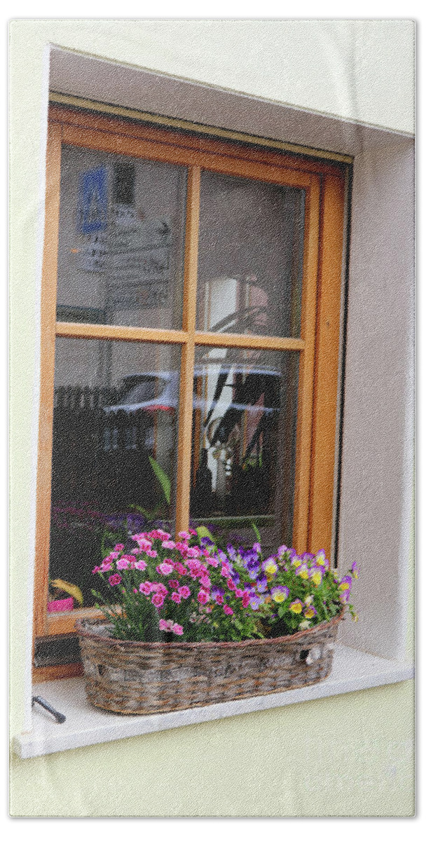Window Box Bath Towel featuring the photograph Flowers in Window in Italian Dolomites 8828 by Jack Schultz