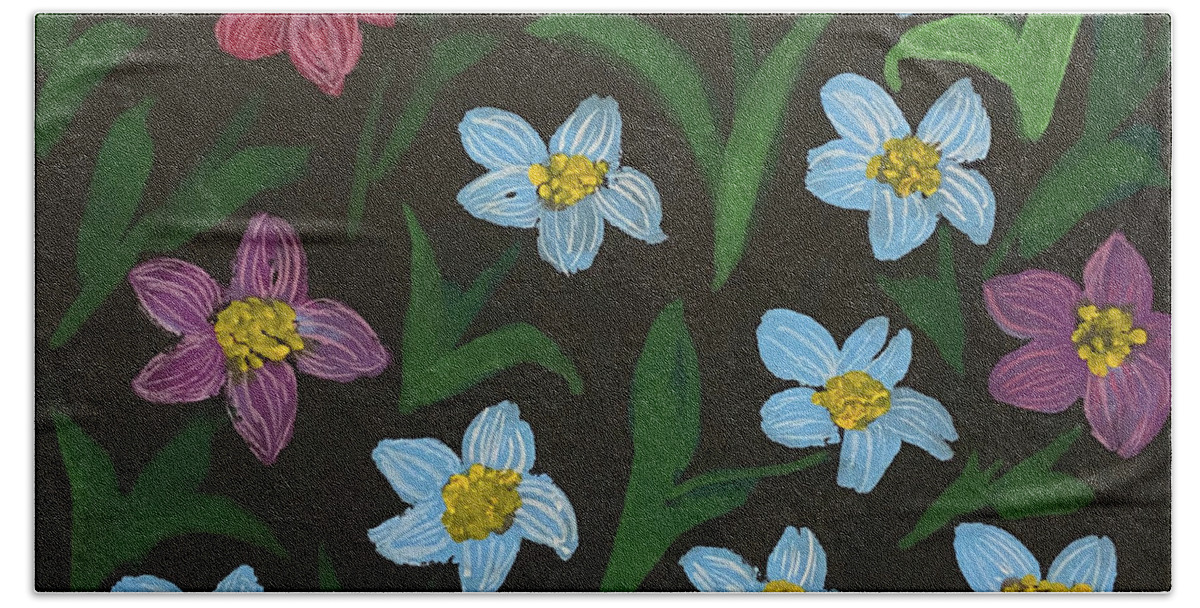 Flowers Bath Towel featuring the painting Flowers on Black by Lisa Neuman