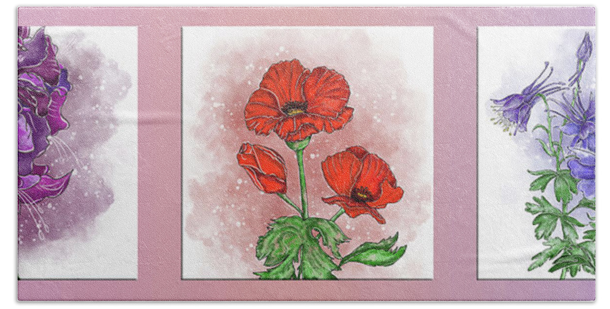 Triptych Bath Towel featuring the painting Flowers triptych Gladiolus, poppy and forest columbine by Patricia Piotrak