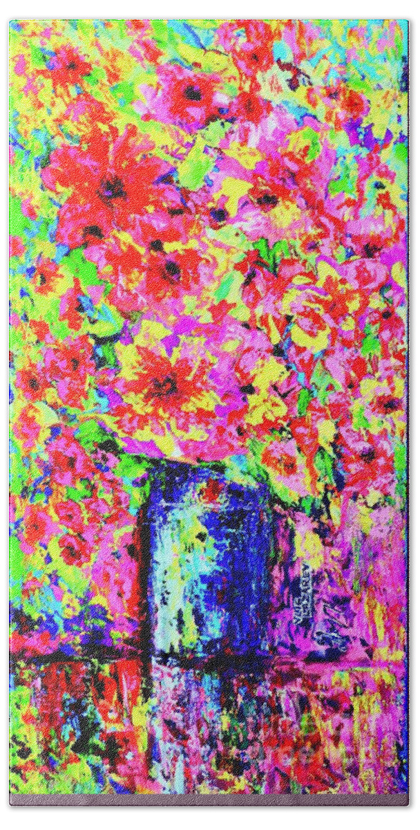 Abstract Hand Towel featuring the painting Flowers#2 by Viktor Lazarev