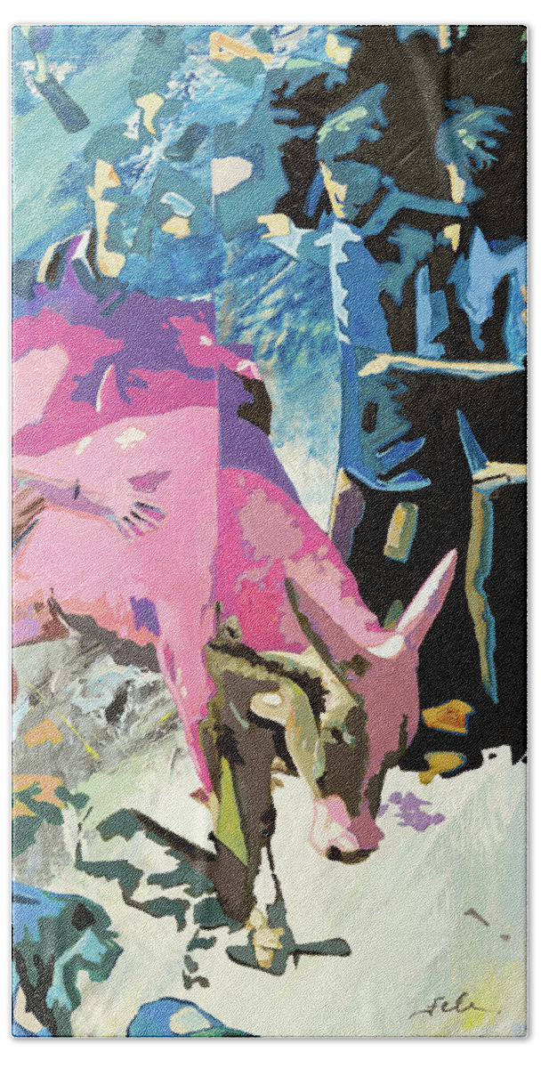 Bull Bath Towel featuring the painting Flucht des Apis - Stier - by Uwe Fehrmann