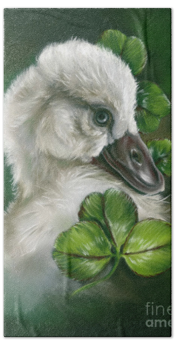 Bird Bath Towel featuring the painting Fluffy Cygnet Hatchling Swan in Clover by MM Anderson