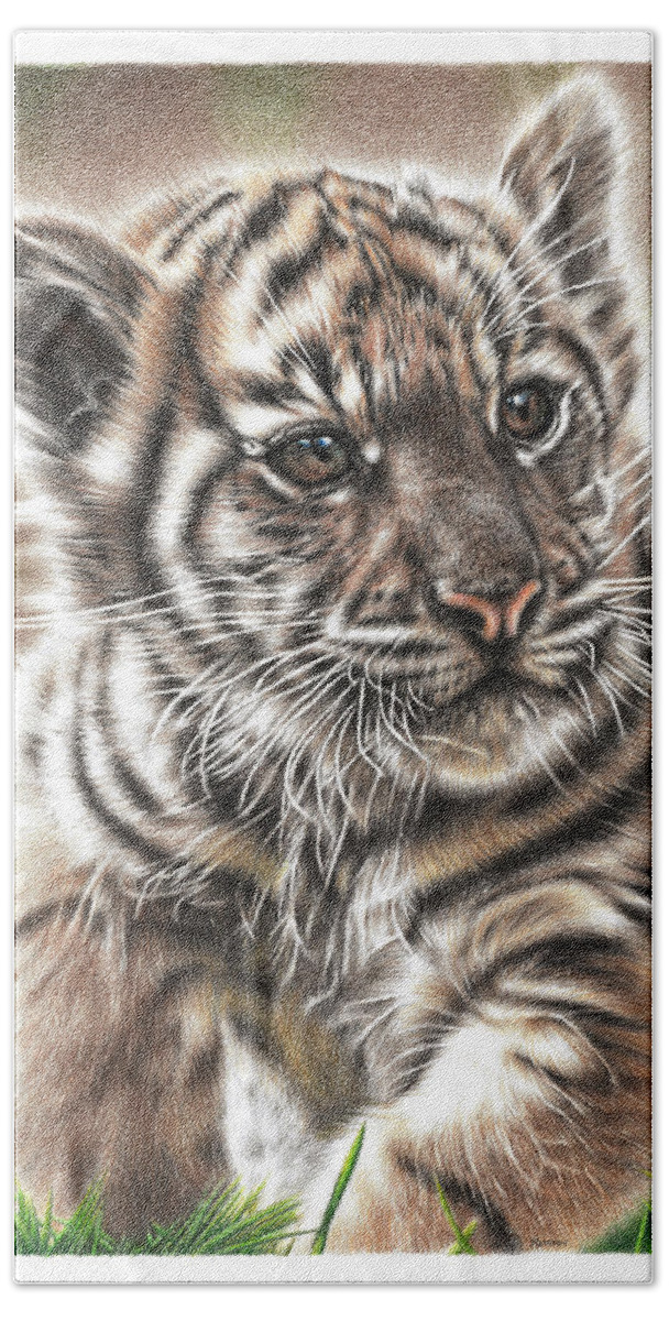 Tiger Bath Towel featuring the drawing Fluffy Tiger Cub by Casey 'Remrov' Vormer