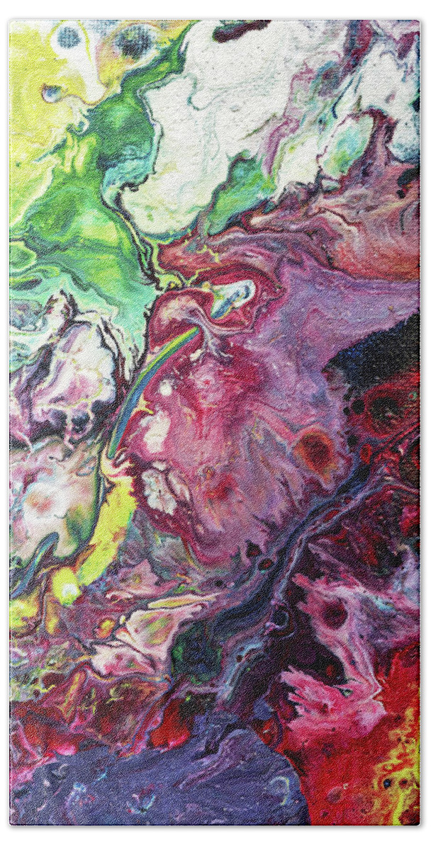 Fluid Bath Towel featuring the painting Fluid Abstract Purple Green by Maria Meester