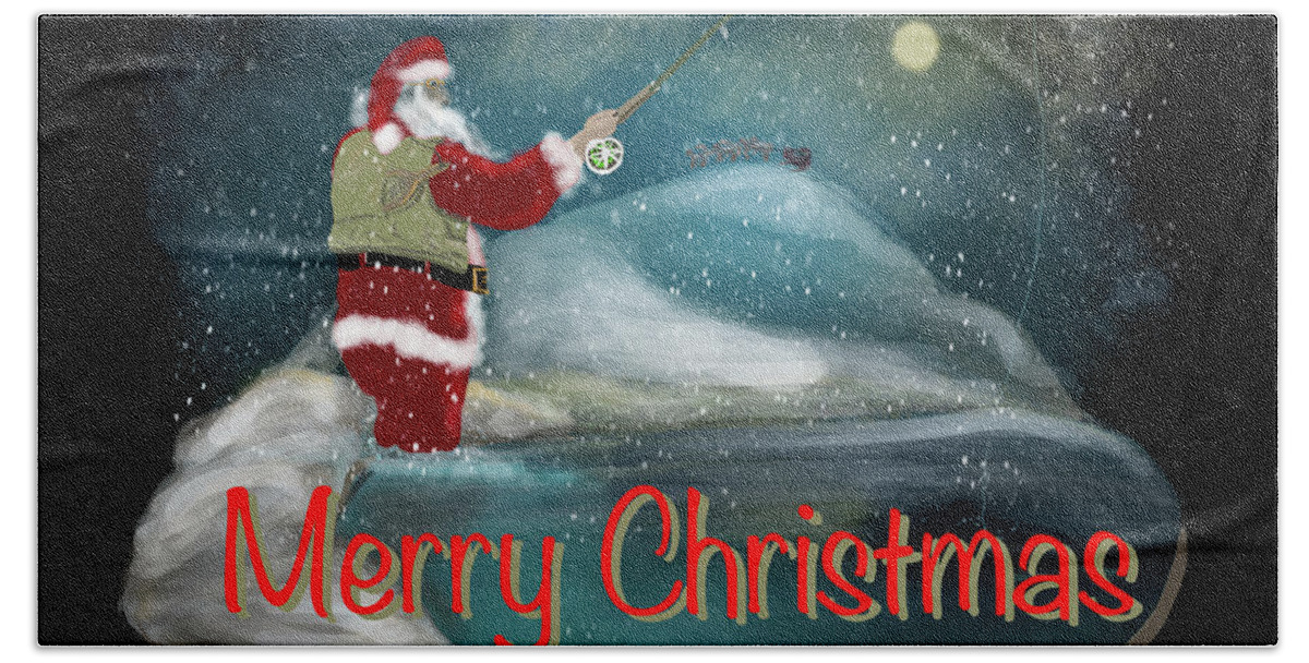 Happy Holidays Hand Towel featuring the digital art Fly Fishing Santa by Doug Gist