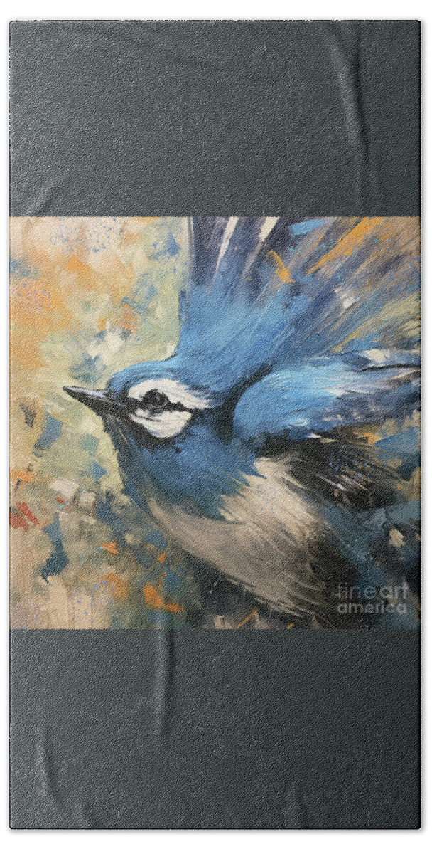 Blue Jay Bath Towel featuring the painting Fly Little Blue Jay by Tina LeCour