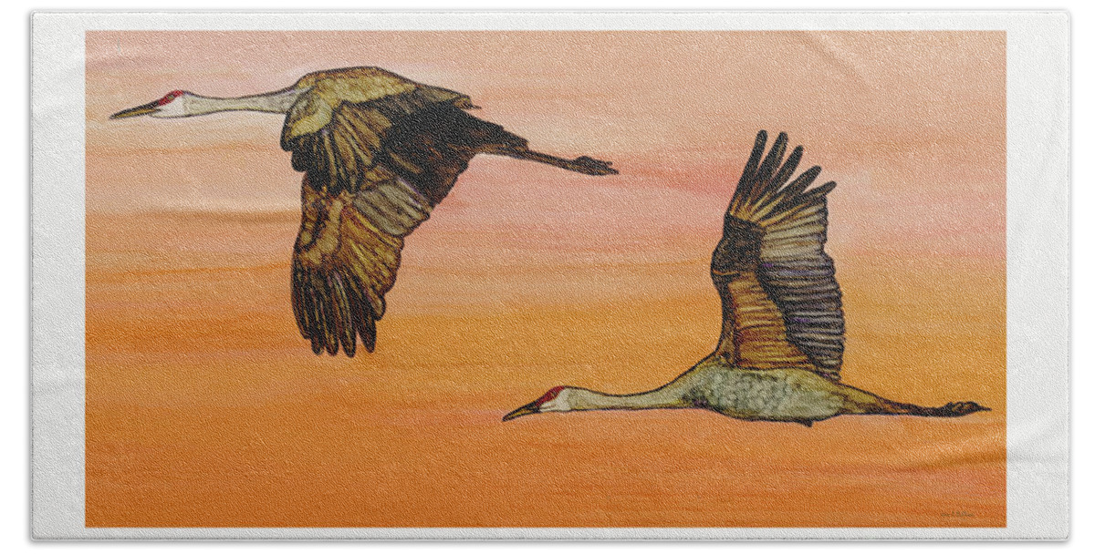 Sandhill Bath Towel featuring the painting Flying at Dawn by Jan Killian
