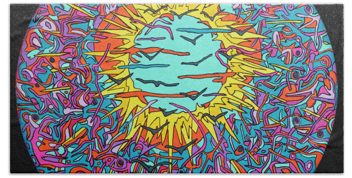 Flying Psychedelic Pop Art Colorful Sun Bath Towel featuring the painting Flying through the Sun by Mike Stanko