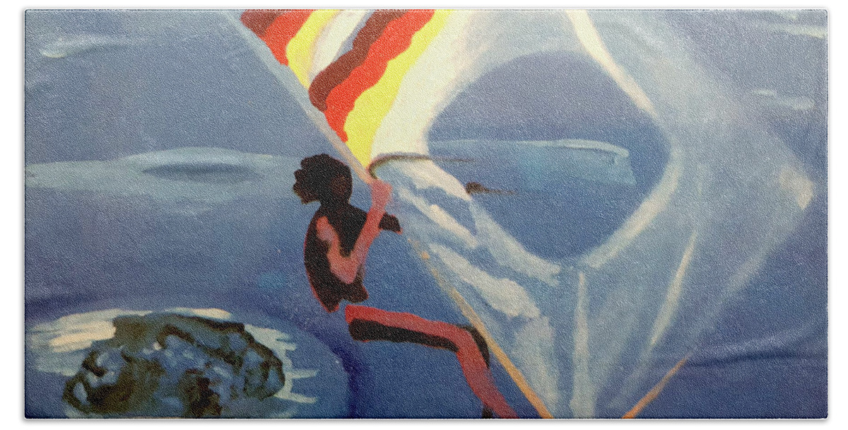 Windsurfer Bath Towel featuring the painting Flying Windsurfer by Enrico Garff