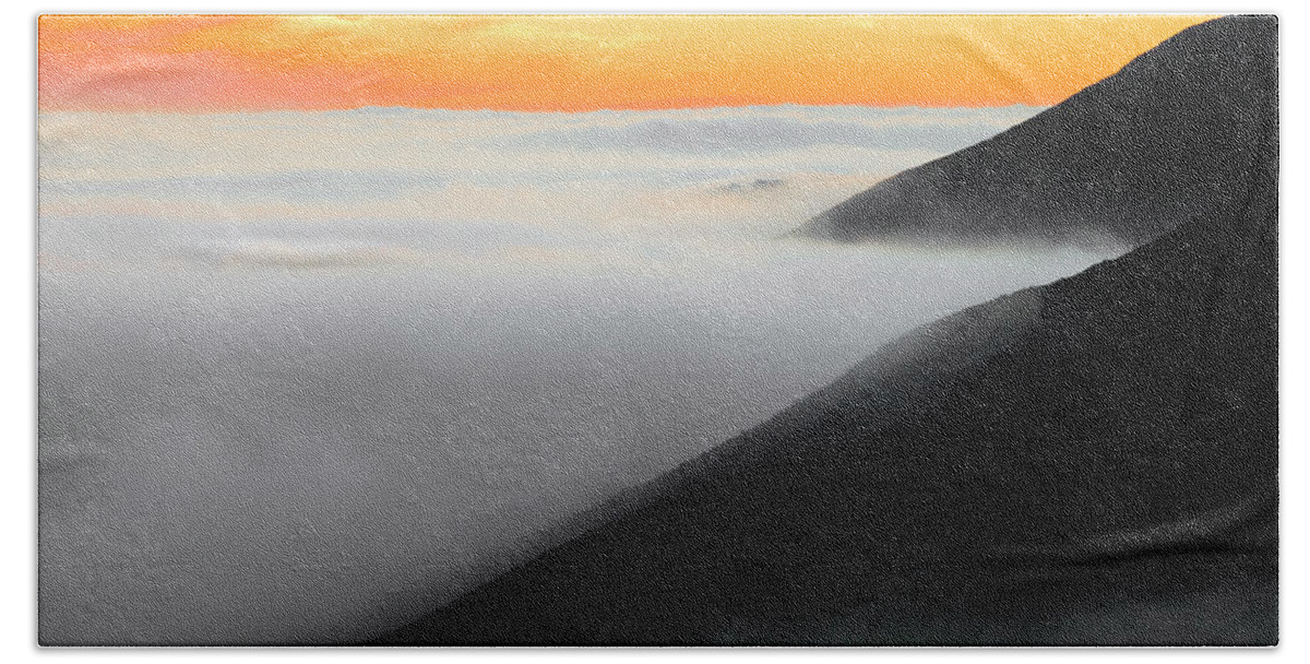 Fog Hugging The Coast Hand Towel featuring the photograph Fog hugging coast at sunset by Donald Kinney