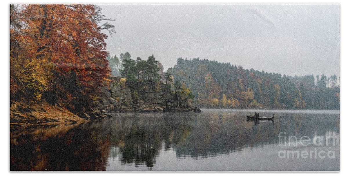 Austria Bath Towel featuring the photograph Foggy Landscape With Fishermans Boat On Calm Lake And Autumnal Forest At Lake Ottenstein In Austria by Andreas Berthold