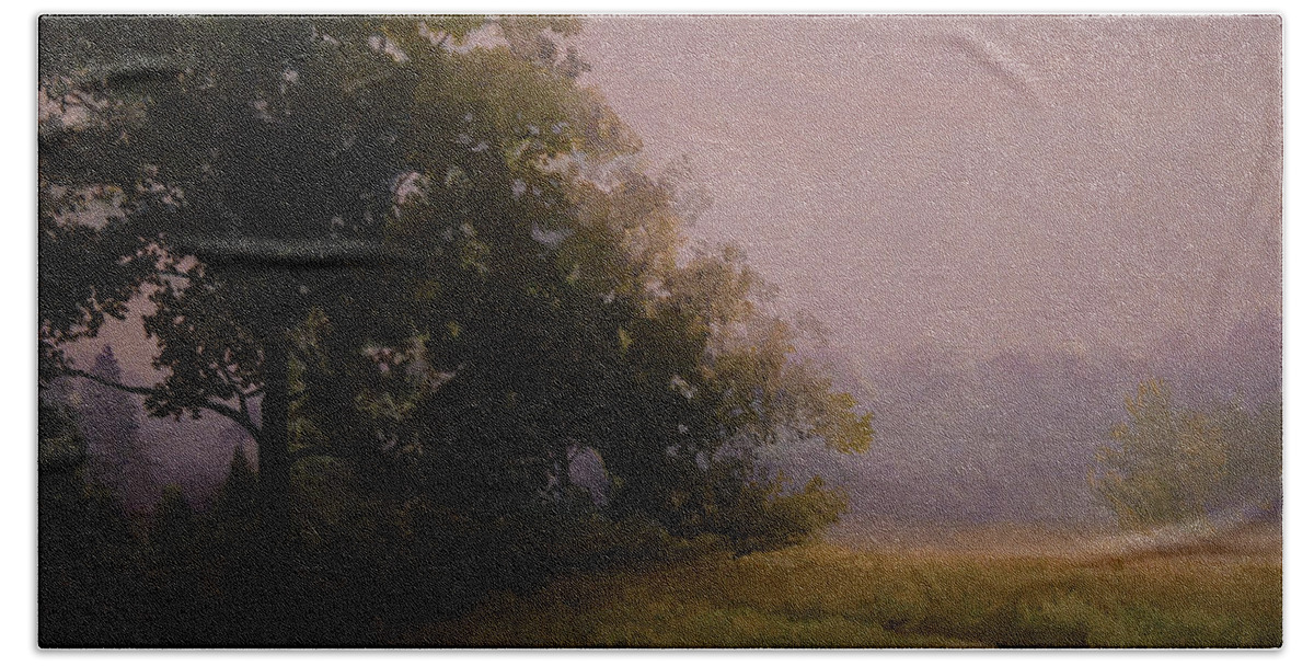 Fog Bath Towel featuring the painting Foggy Morning, Oak Openings by Charles Owens