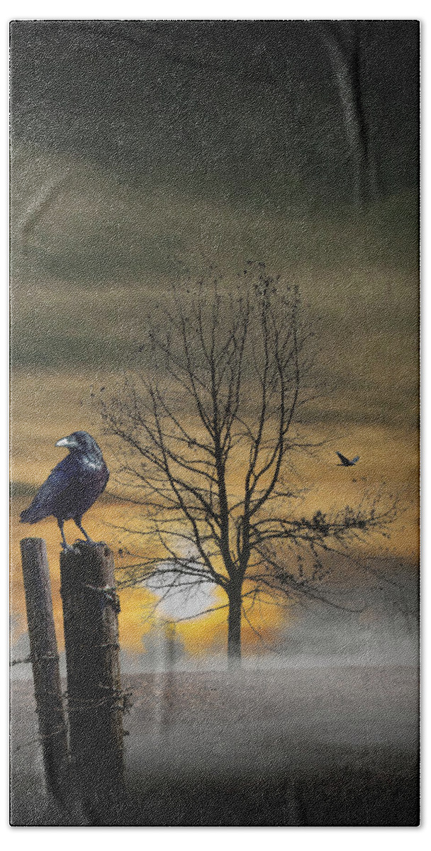 Art Bath Towel featuring the photograph Foggy Orange Sunrise with Ravens by Randall Nyhof