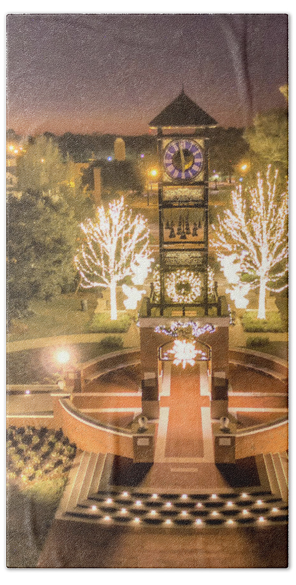 Foley Hand Towel featuring the photograph Foley Clock Tower - Christmas by Gulf Coast Aerials -