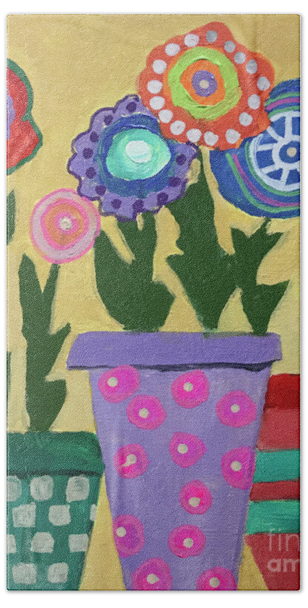 Acrylics On Linen Canvas Bath Towel featuring the painting Folk Art Flowers #1 by Theresa Honeycheck