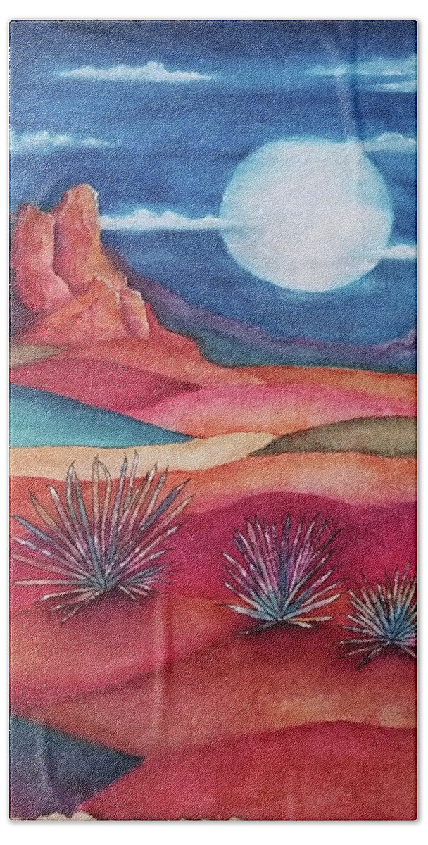 Landscape Hand Towel featuring the mixed media Follow the Moon by Terry Ann Morris