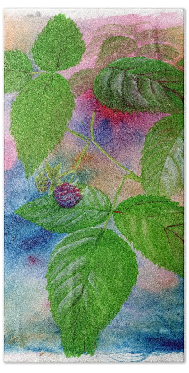 Watercolor Hand Towel featuring the painting Forage. Raspberry by Tammy Nara