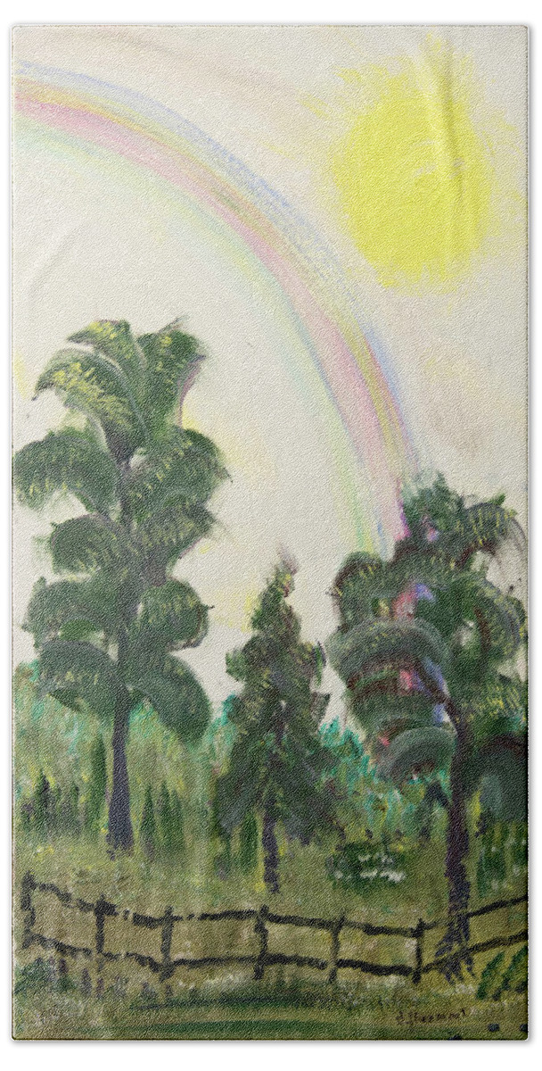  Hand Towel featuring the painting Forest Rainbow by David McCready