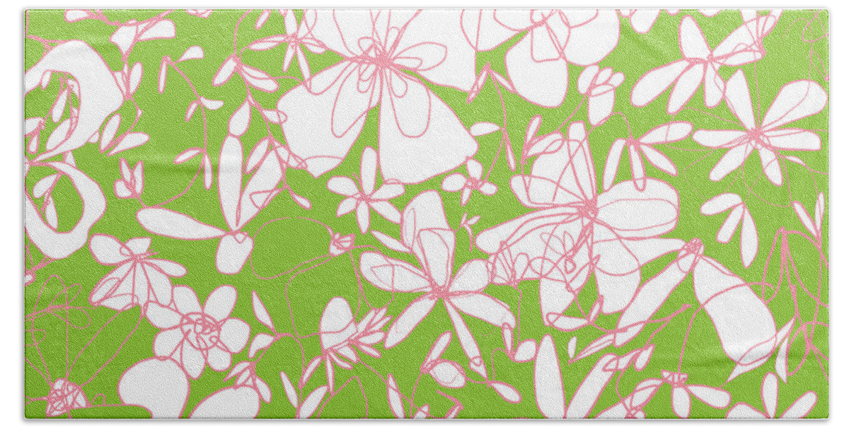 Forget Me Not Flowers Hand Towel featuring the digital art Forget Me Not - Floral Motif on Lime Green Background by Patricia Awapara