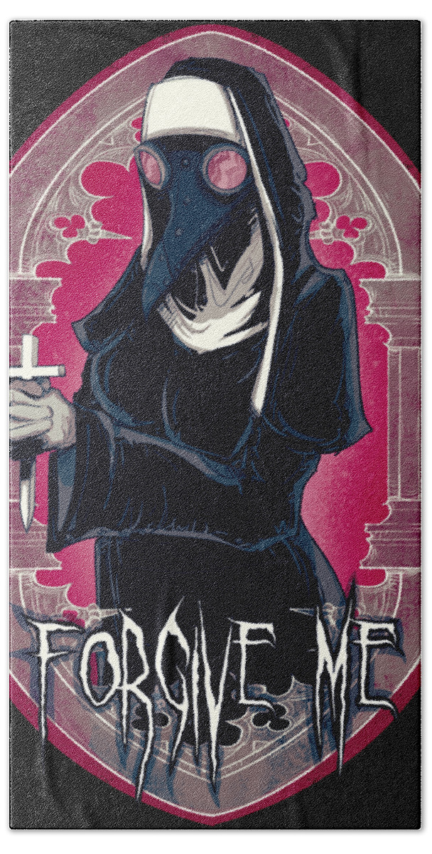 Plague Doctor Hand Towel featuring the drawing Forgive Me by Ludwig Van Bacon