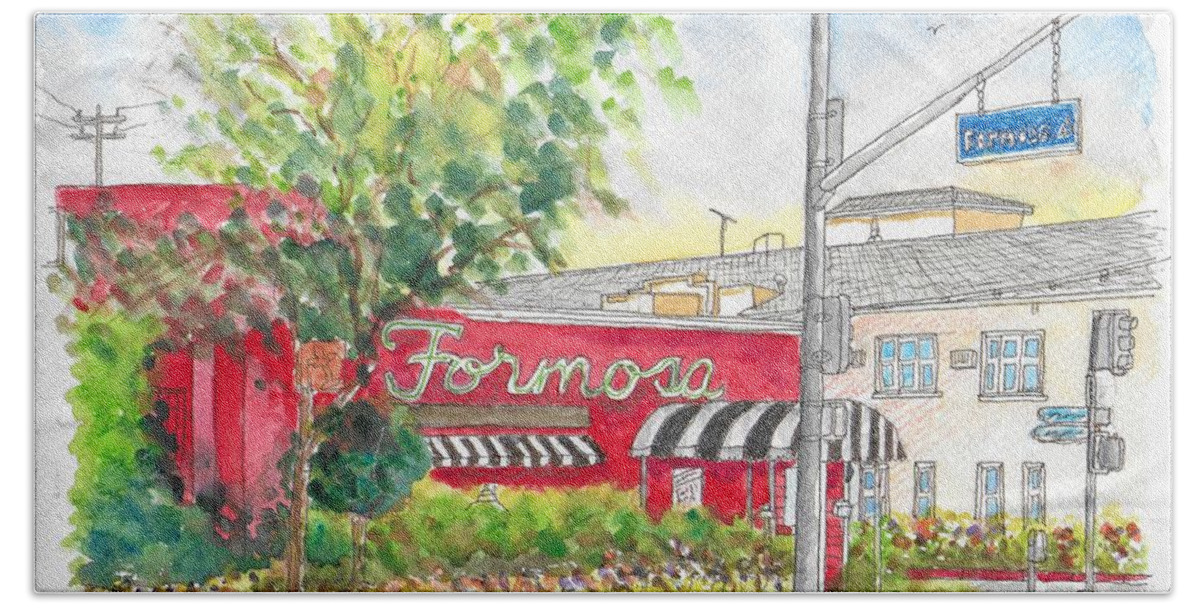 Formosa Cafe Hand Towel featuring the painting Formosa Cafe in Santa Monica Blvd., Hollywood, California by Carlos G Groppa