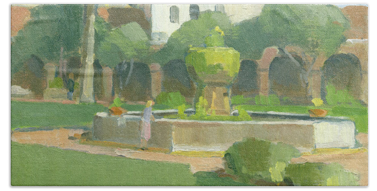 Mission Hand Towel featuring the painting Fountain at Mission San Juan Capistrano, California by Paul Strahm