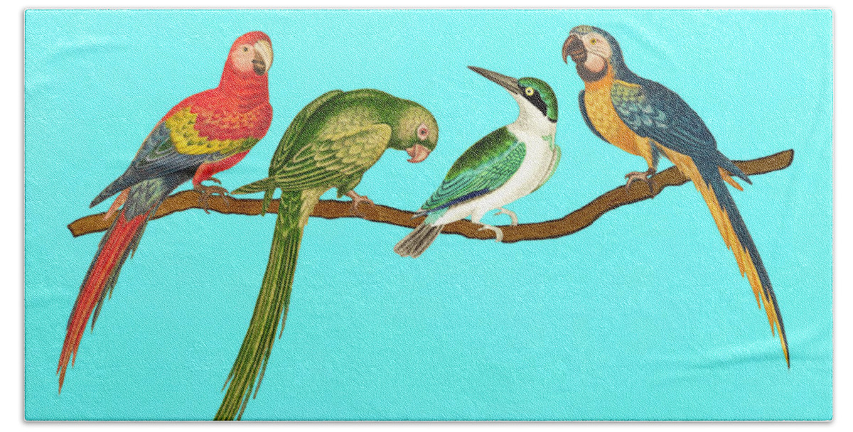 Birds Hand Towel featuring the mixed media Four birds on a branch by Lorena Cassady