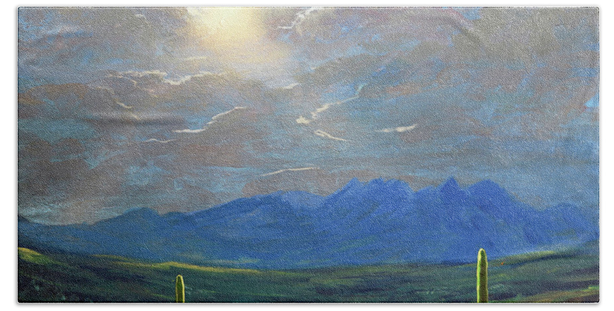 Four Peaks Hand Towel featuring the painting Four Peaks Morning Light, Arizona by Chance Kafka