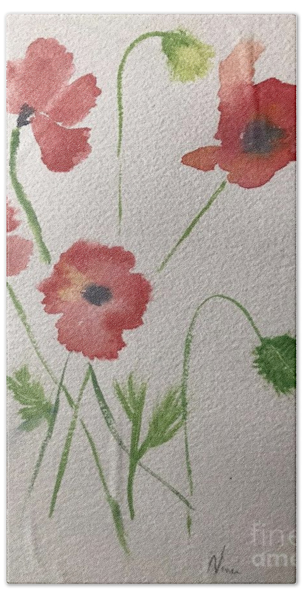 Four Red Poppies Flowers Bath Towel featuring the painting Four Poppies by Nina Jatania