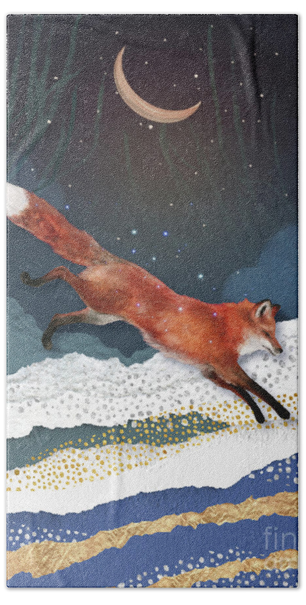 Fox And Moon Hand Towel featuring the painting Fox And Moon by Garden Of Delights