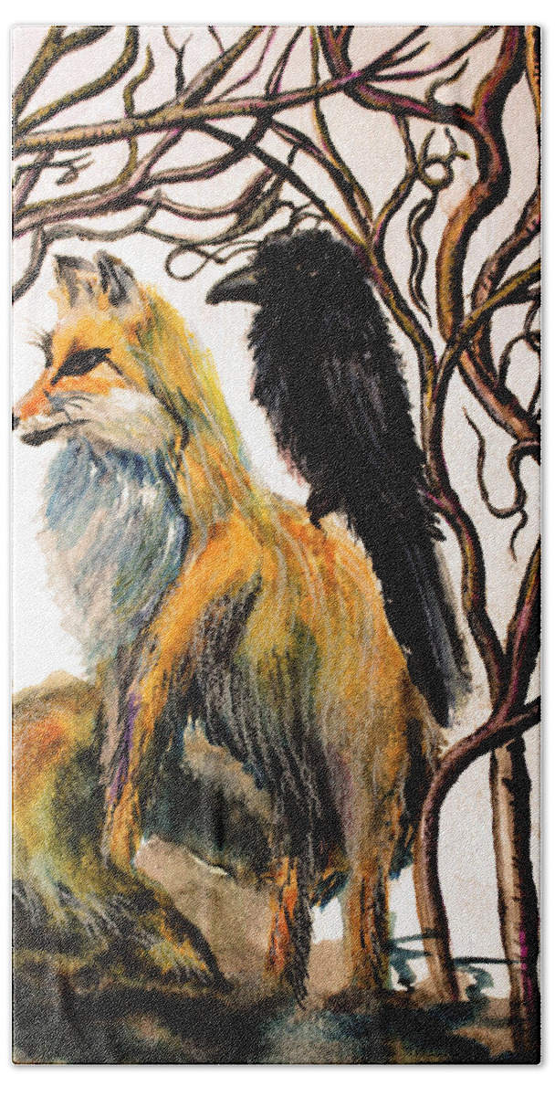 Beautiful Hand Towel featuring the painting Fox and Raven by Medea Ioseliani