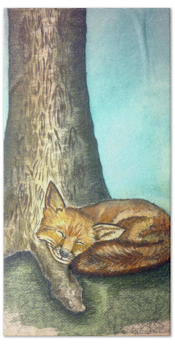 Nature Bath Towel featuring the painting Fox And Tree by Christina Wedberg